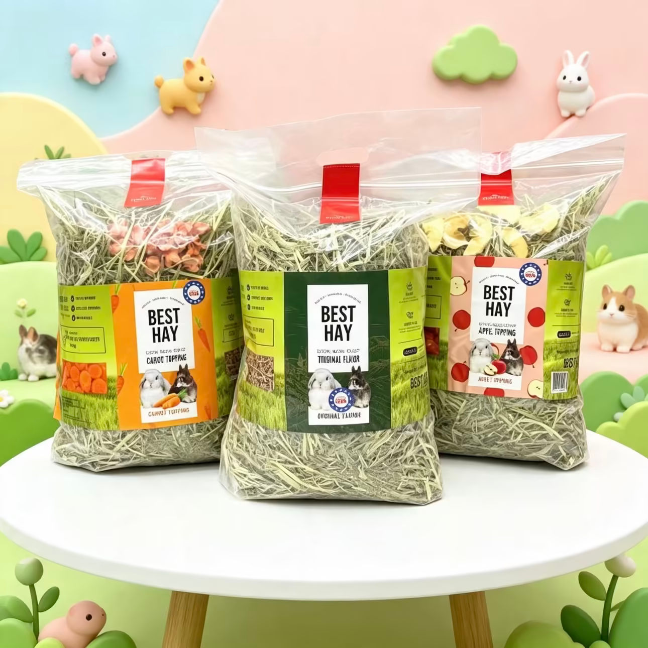 หญ้าทิมโมธีซุปเปอร์พรีเมี่ยม ‘ร่อนฝุ่น‘ 3 รสชาติ ( Original , Apple , Carrots ) 500 G.  Bunny best